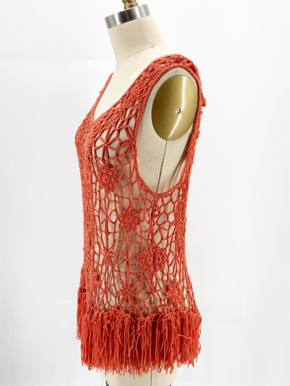 Y2K Lisa International rustic orange fringe knit crochet boho tank top M - Picture 2 of 9